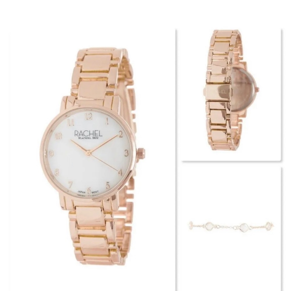NIB RACHEL Rachel Roy Rose Gold EZ Read Crystal Watch & Crystal Bracelet